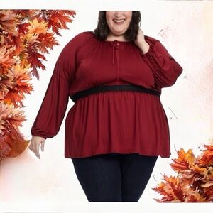 ⭐️Kactus Stretch Knit & Black Lace Burgundy Fit & Flare Tunic Drop Shoulder Top